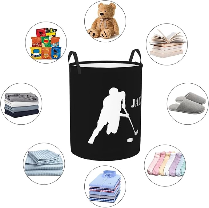 Personalized Laundry Basket for Nursery, Custom Nursery Laundry Hamper with Name, Customize Baby Clothes Circular Hamper for Boys Girls Room Decor, Hockey