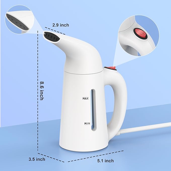 Handheld Garment Steamer for Clothes, Portable Clothes Steamer Remove Wrinkle, 230ml Capacity, Ideal for ALL Fabrics, 12 minutes Continuous Steam, One button Design, Easy to Use, mini, White