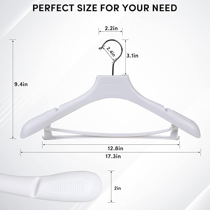 Suit Hangers for Men 50 Pack, White Coat Hangers Extra Wide Non Slip Width 17.7", Thick Plastic with Pants Bar & Metal Hook