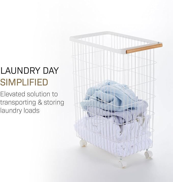 Yamazaki Home Wire Slim Saving Rolling Wheeled Clothing Hamper | Steel + Wood | Laundry Basket, One Size, White