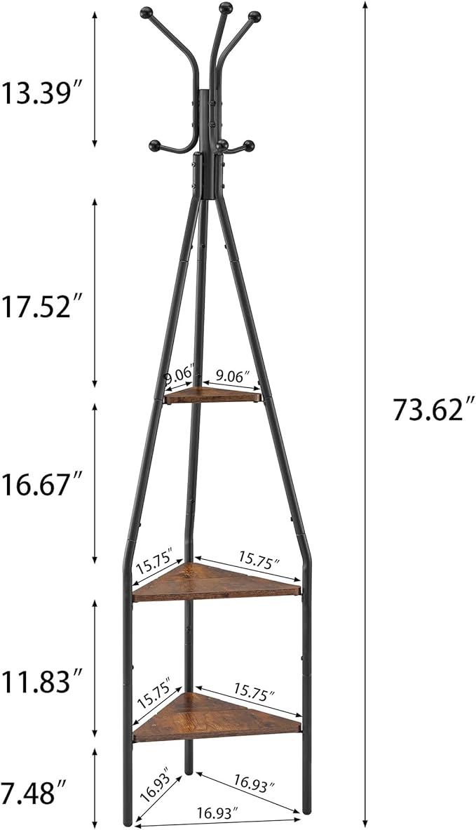 Hoctieon 3-Tier Coat Rack Freestanding with Hooks, Industrial Coat Tree Freestanding, Mordern Coat Racks Free Standing with Shelf, Coat Rack with Storage for Clothes, Hats, Bags