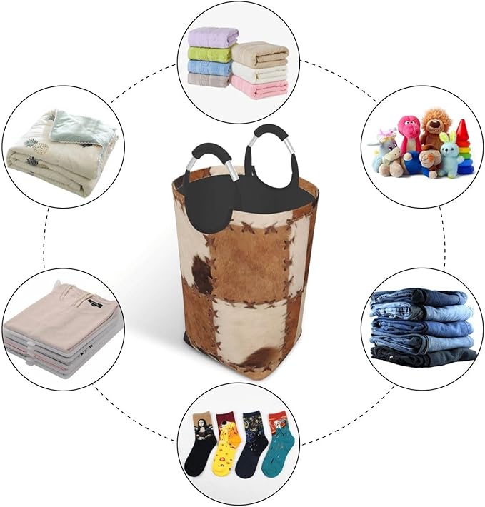 Brown Cow Print Laundry Basket Cowhide Laundry Hamper Animal Collapsible Baskets with Handle Dirty Clothes Hamper Bag for Dorm Family Bathroom Decor Storage 50L