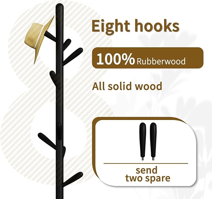 Solid Wood Round Base Coat Rack, Free Standing Hall Coat Tree with 8 Hooks（+2 spare for Coats, Hats, Bags, Purses, for Entryway, Hallway, Rubberwood Hooks,Base and Pole(Round Base,Black)