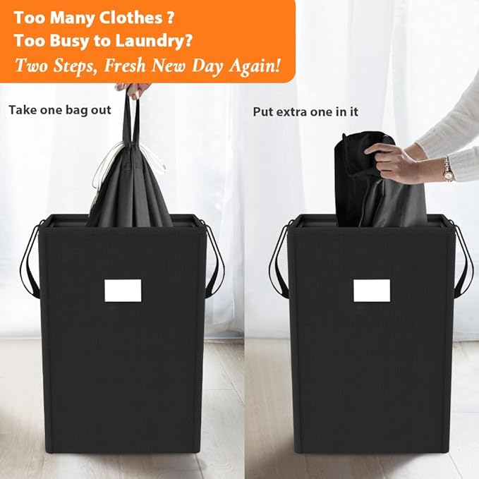 MCleanPin 225L Laundry Hamper Collapsible Laundry Basket with Laundry Bags, Dirty Clothes Hamper,Laundry Basket with Handles Foldable Hamper Dorm and College Machine Washable Bags (Classic Black)