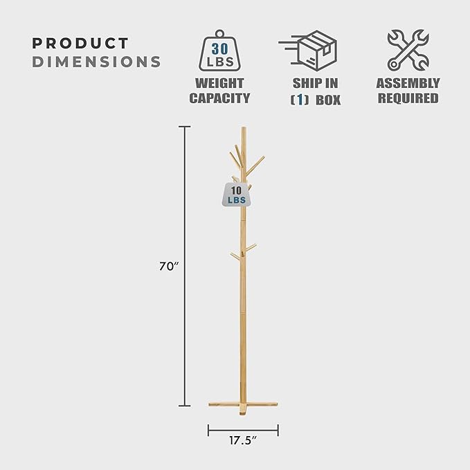 Lexicon Sturdy Solid Wood Coat Rack Stand with 9 Hanging Hooks for Hats,Scarves, Handbags, 3-Tier Wooden Coat Rack Freestanding Tree Used in Bedroom, Entryway, Hallway, Office, Natural