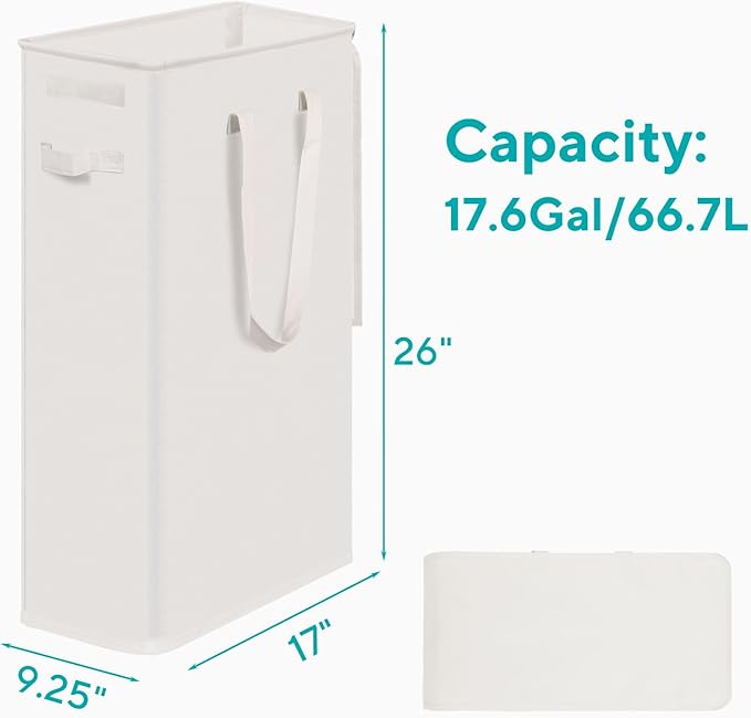 Slim Foldable Laundry Hamper with Lid and Handle Space Saving Laundry Basket for Bedroom Bathroom Dorm Apartment Single Household Students Clothes Towels Toys Baby Organizer Storage Beige