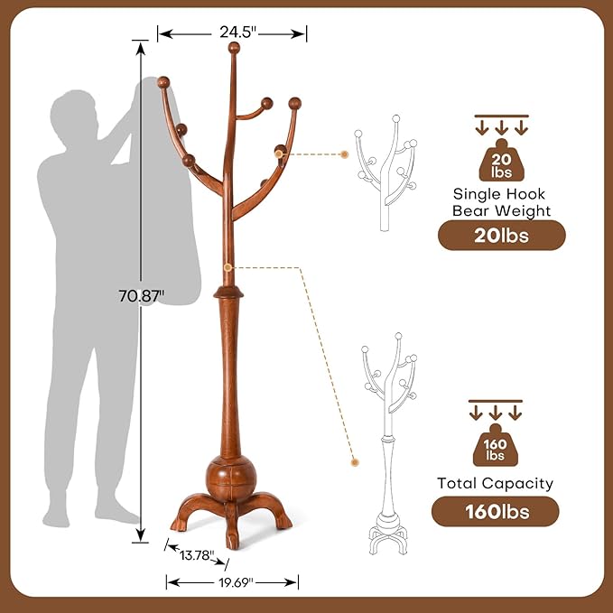 Wooden Coat Rack Freestanding with 8 Hooks, Heavy Duty Coat Hanger Stand with Stable Base, Vintage Coat Tree Standing Coat Racks for Entryway, Hallway, Bedroom (Light Brown)