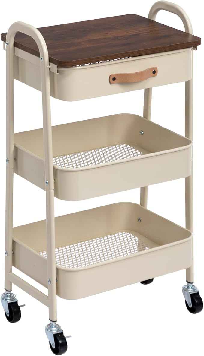 AGTEK Rolling Cart with Drawer, 3 Tier Movable Metal Utility Organizer with Wooden Board, Mobile Trolley Cart for Home & Office, Beige