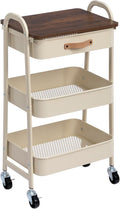 AGTEK Rolling Cart with Drawer, 3 Tier Movable Metal Utility Organizer with Wooden Board, Mobile Trolley Cart for Home & Office, Beige