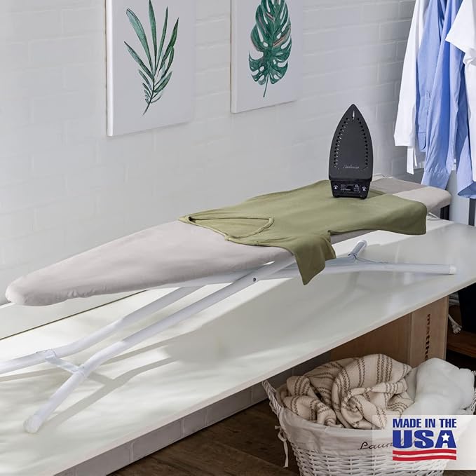 Full Size Ironing Board Made in USA – Light Grey by Seymour Home Products 4 Heavy-Duty Steel Legs Perforated Top for Steam Includes Cover & Pad Sturdy, Foldable Iron Board for Home & Laundry