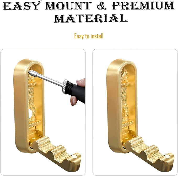Folding Coat Hooks 2 Pack, Heavy Duty Purse Hook for Wall That Stays Flat, Zinc Alloy Gold Wall Hooks for Towels, Robes, Coats in Bathroom, Closet, Entryway ﻿
