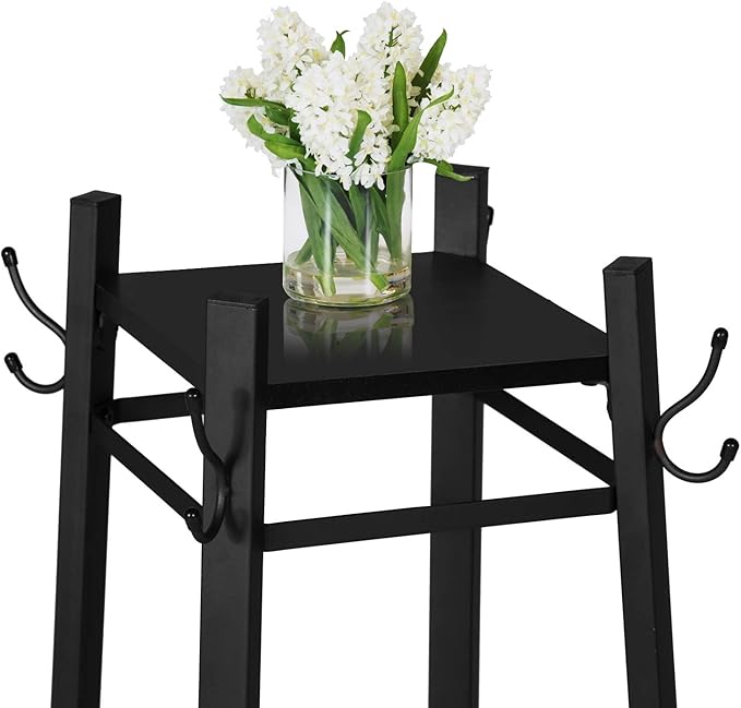 VECELO Coat Rack Freestanding,Hall Tree with Metal Basket and Storage Shelves,Industrial Coat Rack Stand with 8 Hooks for Hanging Coats/Hats/Bags/Umbrellas,18 x 18 x 72 In,Matte Black