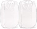 TECHMILLY Collapsible Mesh Pop Up Laundry Hamper with Sturdy Handles and Side Pocket - Portable Foldable Clothes Baskets for Dorm, Bathroom & Travel Storage (White, 2 Packs)