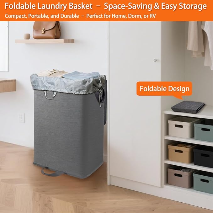 Foldable Laundry Hamper with 2 Removable Drawstring Bags,Portable Laundry Basket with Lid & Easy Carry Handle,Durable Clothes Hamper for Space-Saving Organizer in Bedroom,Bathroom,Dorm,Nursery,RV,Grey