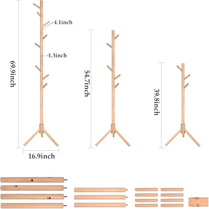 Coat Rack Freestanding Stand Adjustable Coat Tree with 4 Sections 8 Hooks Easy Assembly Beech Wood Coat Jackets Hanger for Hat, Purse Holder, Bedroom, Office, Hallway, Entryway