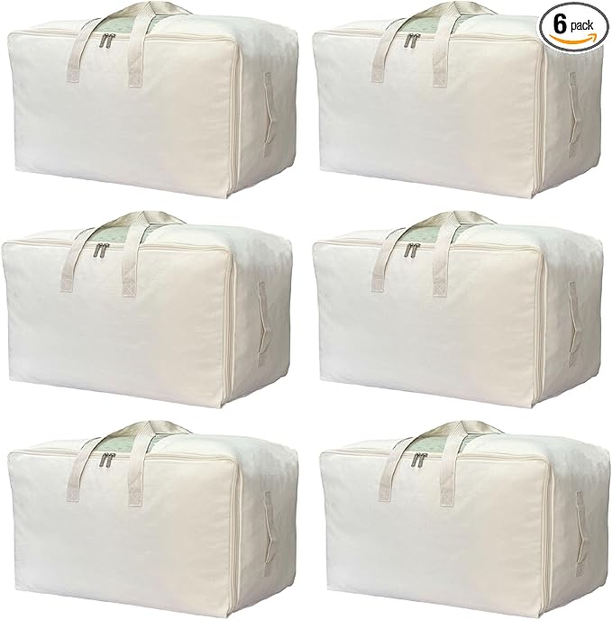 Soft Canvas Clothes Storage Bags with Four Carrying Handles and Clear Window, Closet Organizer for Clothing, Blankets Sheets and Bedding, 55L, 6 Pack, Beige