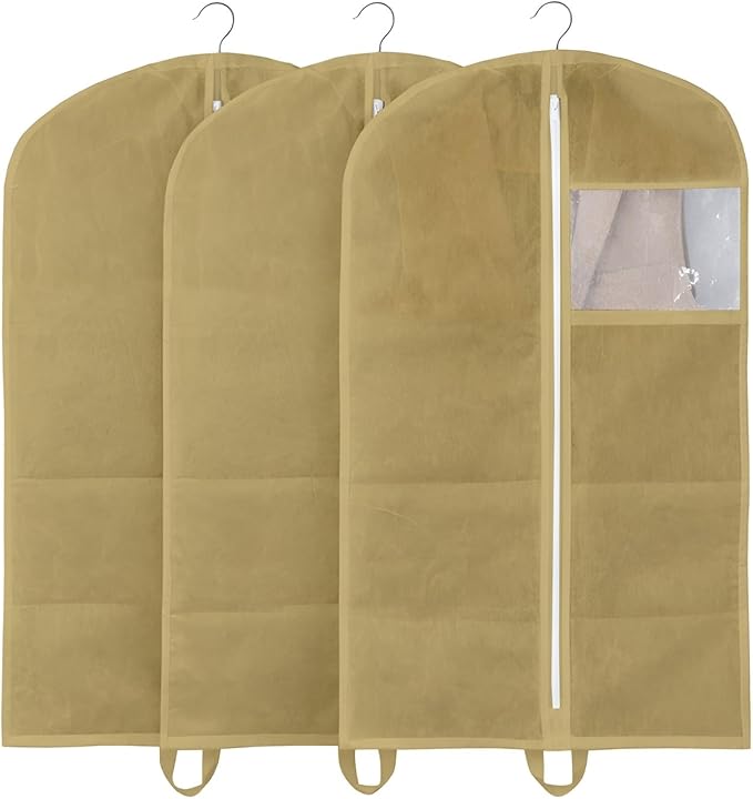 50" Garment Bags for Hanging Clothes, Pack of 3 Suit & Dress Covers for Storage and Travel, Long Gown Bags with Zipper, Warm Mocha