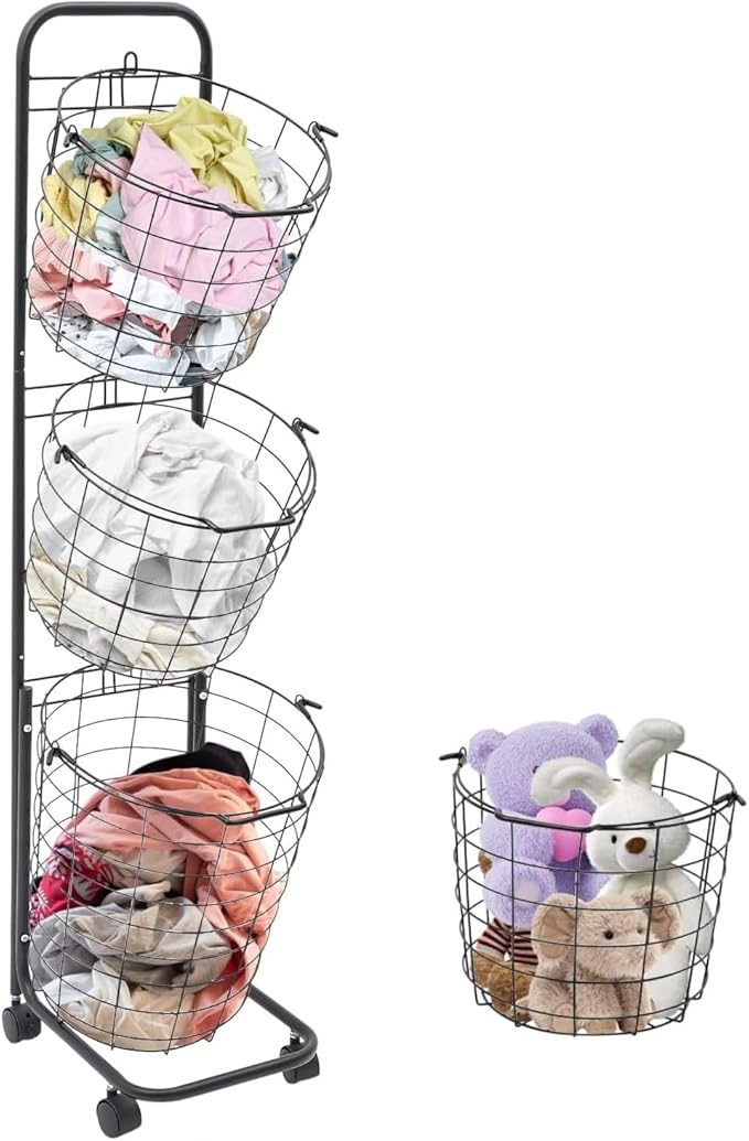 3-layer Standing Clothing Sorting Laundry Basket,Dirty Clothes Basket Rack with Wheels, Durable Removable Iron Wire Metal Classification Storage Rack for Sort and Store Dirty Towels, Bedding, Black