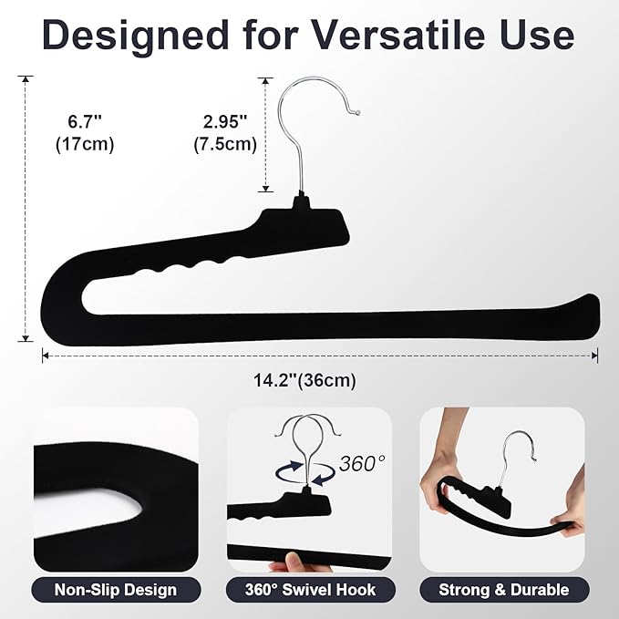 Velvet Pants Hangers - 16 Pack Black Non Slip Open Ended Hanger with 360 Swivel Hook - Closet Space Saving Hanger for Heavy Pants, Jeans, Trousers, Scarf