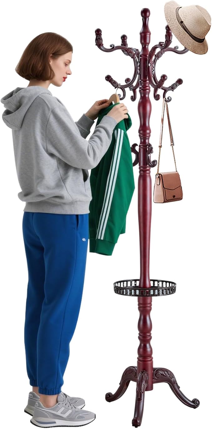 Coat Racks Freestanding, Natural Wood Coat Stands with 14 Hooks, 73" Heavy Duty Adjustable Height Vintage Hall Tree for Entryway, Bedroom, Office, Easy Assembly (Rosewood Tray)