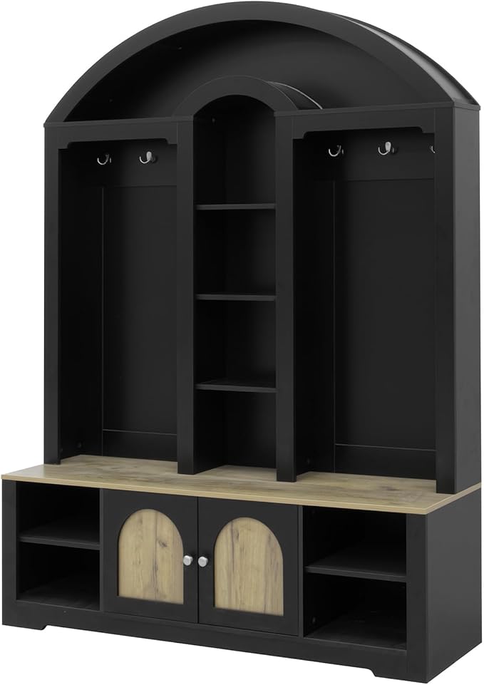 77''H Hall Tree with Curved Design, Multi-functional Coat Rack with Shoe Racks, Clothes Hangers, Hooks, Double-Layer Storage Cabinets and Open Storage Space for Hallway, Living Room (Black+Natural)
