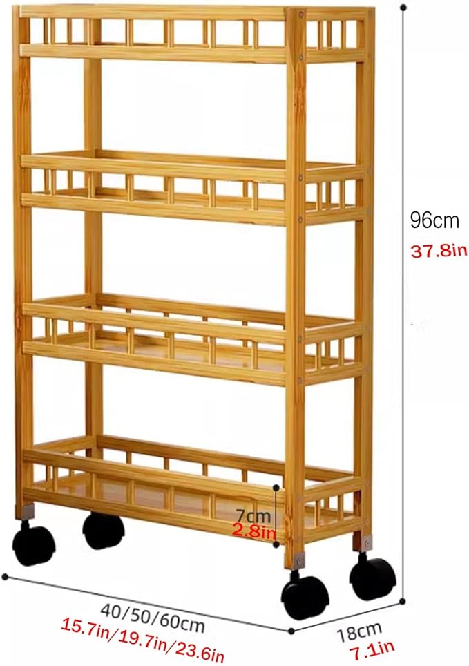 3/4Tier Slim Storage Rolling Cart with Wheel,Wood Storage Trolley Cart,Kitchen Rolling Utility Bamboo Kitchen Slide Out Organizer Rack,Mobile Shelving for Kitchen Bathroom gap(4Tier 50cmwide)