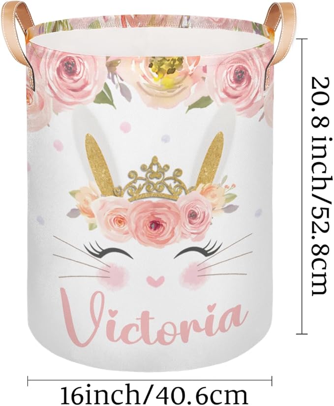 Personalized Laundry Basket, Custom Gift Laundry Hamper, Collapsible Nursery Waterproof Laundry Baskets, Dirty Clothes Toy Hamper with Handles Pink Floral Cute Bunny