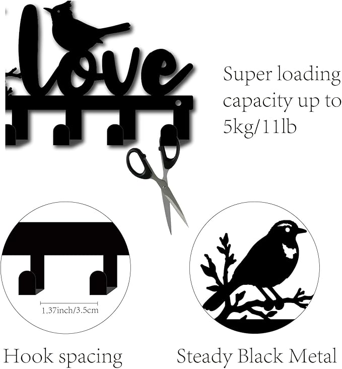 CREATCABIN Metal Bird Coat Hooks Wall Mount Key Holder Organizer Black Decorative Hanger Rack with Love Design Coat Keychain Hanging Wall Decoration for Entryway Door Housewarming Gifts 10.6x5 Inch