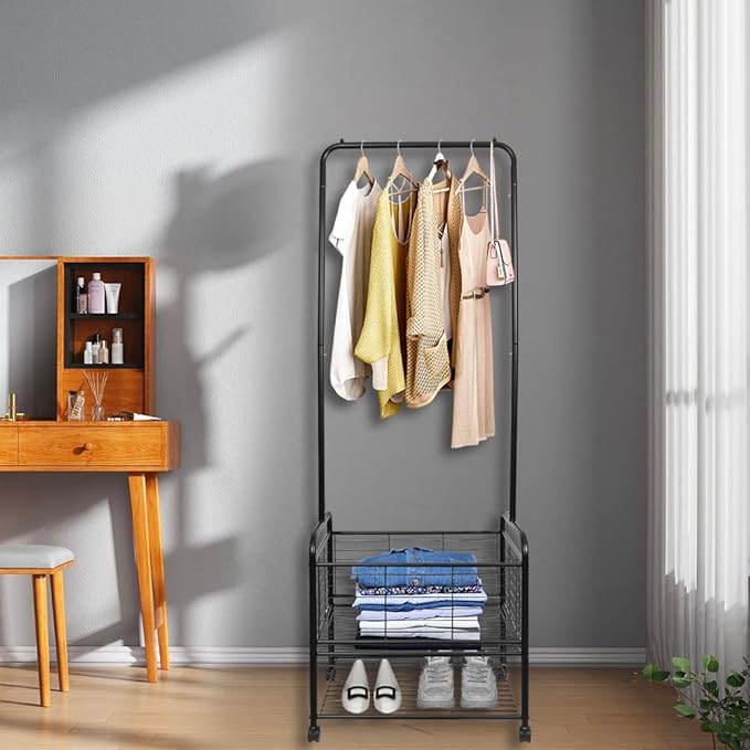 Black Metal Rolling Laundry Hamper Butler Cart Basket with Hanging Garment Rack, Storage Organizer with Mobile Wheels