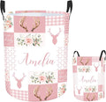 Custom Name Deer Laundry Baskets, Personalized Pink Laundry Basket for Kids & Adults, 2 Sizes Storage Organizer