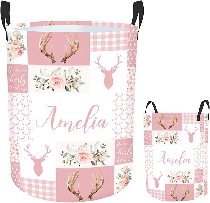 Custom Name Deer Laundry Baskets, Personalized Pink Laundry Basket for Kids & Adults, 2 Sizes Storage Organizer