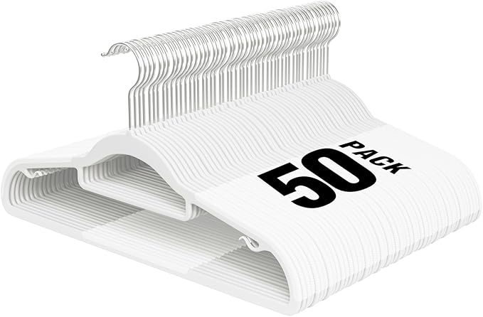 Plastic Hangers 50 Pack, 16.5 in Heavy Duty Clothes Hangers with 360° Swivel Hook, Non-Slip Bar & 0.2" Ultra-Slim Space-Saving Closet Organizers for Coats, Pants, Suits, Shirts, White