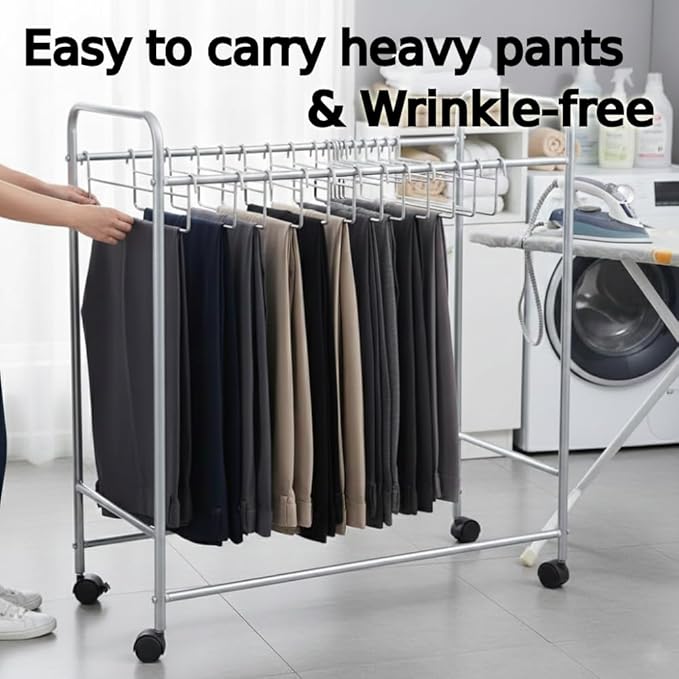 Japard Pants Organizer Rack Trolley with 20 Double Slim Hangers Rolling Trouser Metal Rack Hangers, Space Saving for Closet - 40 Storage Pants Jeans Scarf Silver