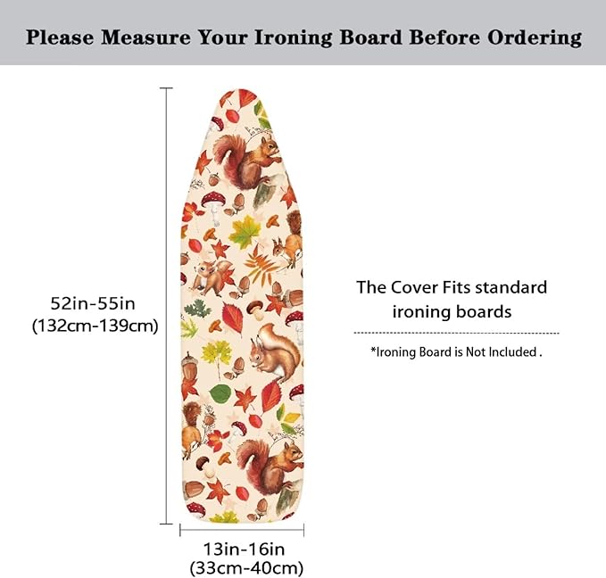 Fall Ironing Board Cover and Pad Squirrel Maple Leaves Standard Size Ironing Board Cover and Pad with Elastic Edge Extra Wide Ironing Pad for Table 54x15 inches