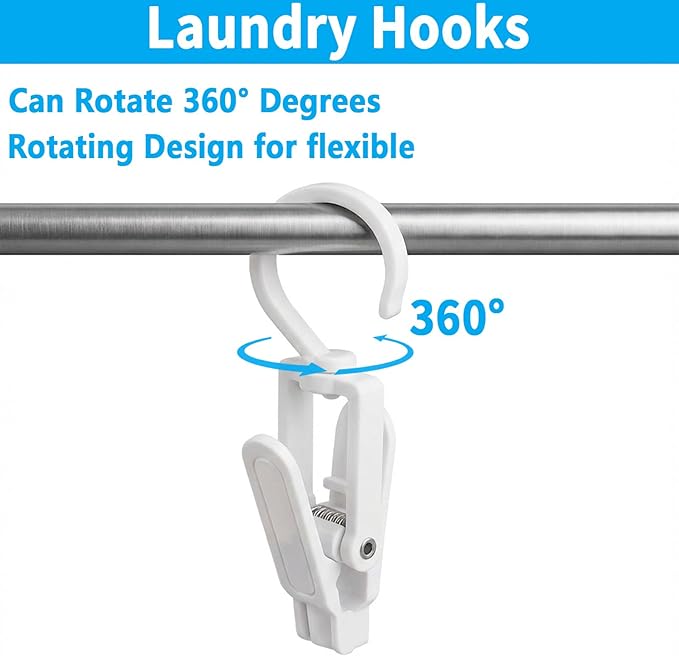 VinBee 20 PCS Laundry Hooks with Clips Super Strong Plastic Home Travel Swivel Hanging Hanger Closet Organizer Clamps Socks Boot Bras Towels for Bathroom Wardrobe Kitchen Office - 4.3 Inches (White)
