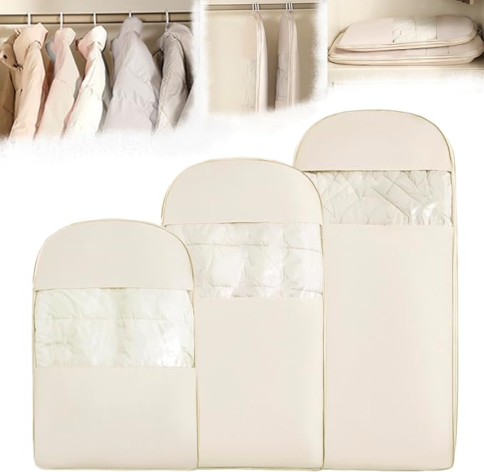 3PCS Space Saving Hangable Garment Bag with Self Compression Zipper - Organizer for Closet (Beige,S+M+L)