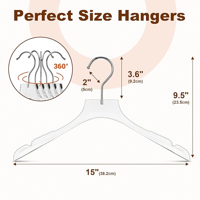 HOUSE DAY Acrylic Hangers 5 Pack, Luxury Clear Hangers for Clothes, Crystal Hanger with Non Slip Shoulder Grips, Notches, 360° Swivel Hook, for Dresses, Tops