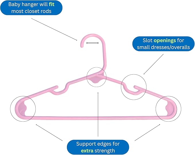 50 Pack Baby Hangers – Includes 8 Closet Dividers – Non-Slip Durable Hangers for Infant Clothes & Nursery Organization (Pink, 50)