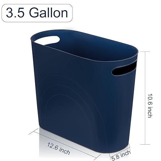 rejomiik Small Trash Can, 3.5 Gallon Slim Garbage Can Plastic Waste Basket with Handles Container Bin for Narrow Spaces Bathroom, Bedroom, Kitchen, Office at Home, Navy