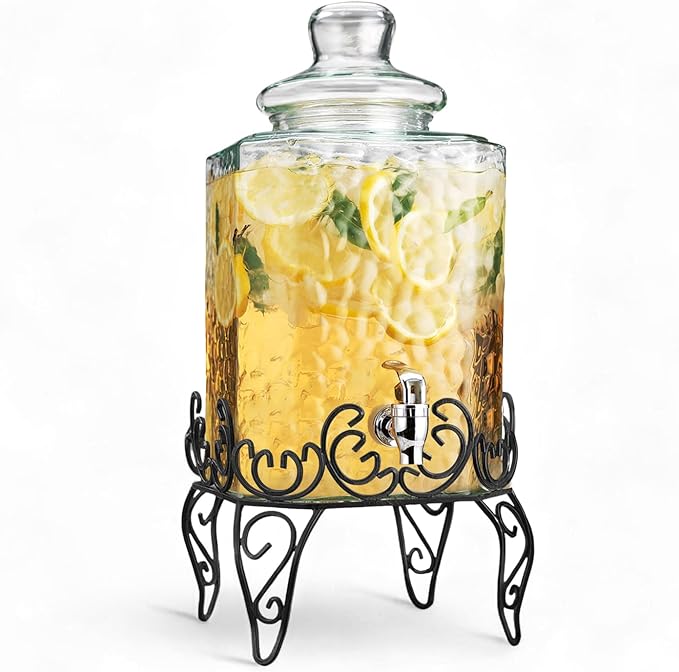 MosJos 2.5 Gallon Classic Hammered Glass Beverage Dispenser with Elegant Stand - Glass Drink Dispenser with 100% Leak Proof Spigot, Party Drink Dispensers for Lemonade, Punch, Water, Juice
