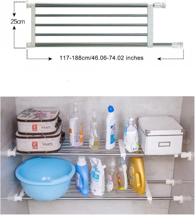 BAOYOUNI Closet Tension Shelf & Rod, Bathroom Kitchen Garage Telescopic Storage Rack, Expandable Adjustable Separator Wardrobe Cupboard Space Saving Divider, Ivory, 46''-74''