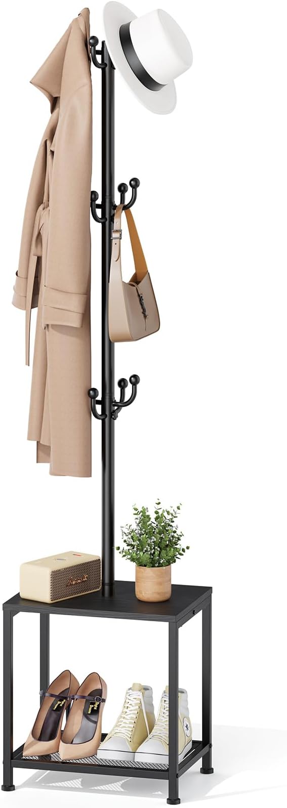 Hall Tree with Bench and Shoe Storage, Coat Rack Freestanding Coat Rack Shoe Bench, Corner Coat Hanger Stand Standing Hat Rack, Tree Stand Purse Rack Tree Black Coat Racks with Shelf
