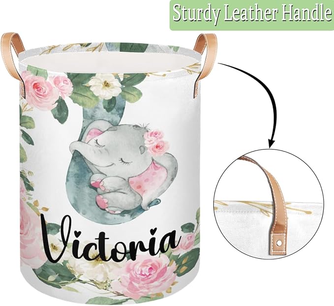 Personalized Laundry Basket, Custom Gift Laundry Hamper, Collapsible Nursery Waterproof Laundry Baskets, Dirty Clothes Toy Hamper with Handles Floral Sleeping Elephant