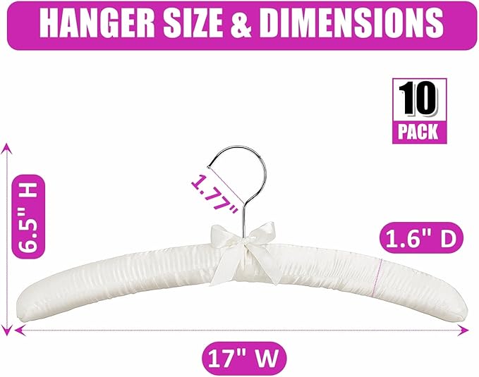 Amber Home 10 Pack 17 Inch Large Ivory Satin Padded Hangers for Women Clothing, Anti Slip Cushioned for Sweaters, Silk Fancy Dress for Wedding, Delicate Cashmere
