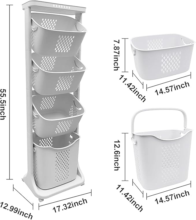 4-Tier Vertical Laundry Basket with Wheels, Tiered Laundry Organizers and Storage with Removable Basket, Vertical Rolling Laundry Hampers for Laundry Room, Dorm, Bathroom, White