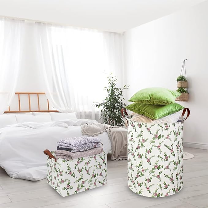 Large Round Canvas Linen Laundry Hamper,Waterproof Storage Bin for Books/Clothes, Laundry Basket, Gift Basket(Eucalyptus leaves)