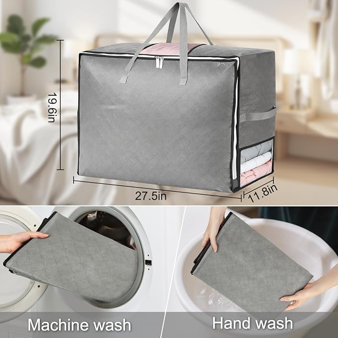 2Pack 105L Extra Large Blanket Comforter Storage Bags, Foldable Storage Bags for King Comforter Bedding Pillow Sheet Clothes with Handles Zippers Clear Window Closet Organizers and Storages, Grey