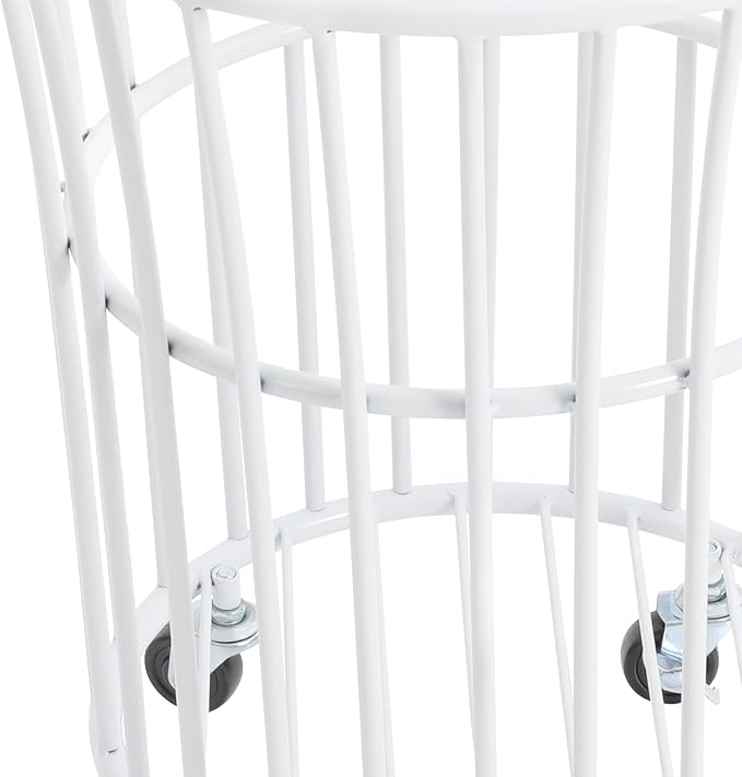 Rolling Laundry Basket Cart, Metal Laundry Hamper with Wheels, Laundry Organizer Basket Cart, Clothes Storage Organizer Hamper for Living Room,Bathroom,Closet (White, Round Barrel Shape)