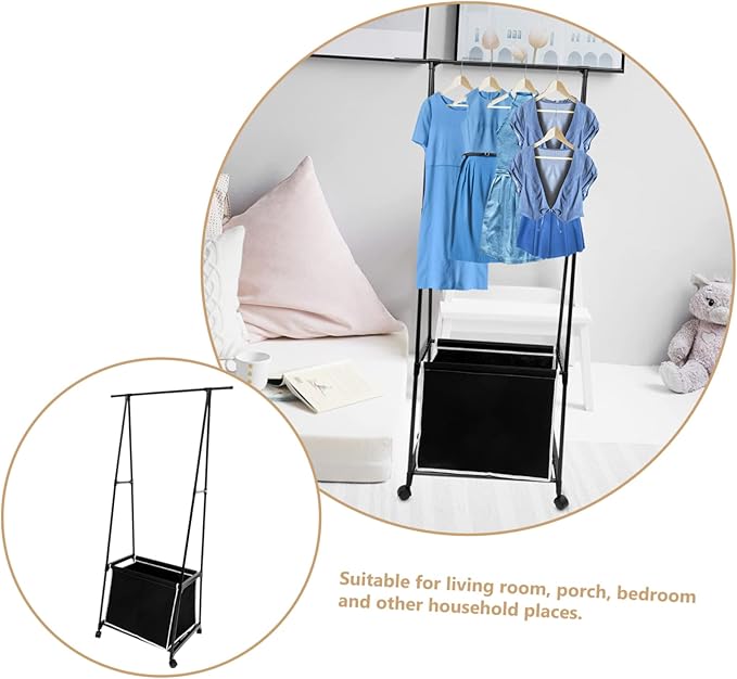 Portable Garment Rack Baskets Metal Coat Hanger Stand Sturdy Clothes Stand for Bedroom