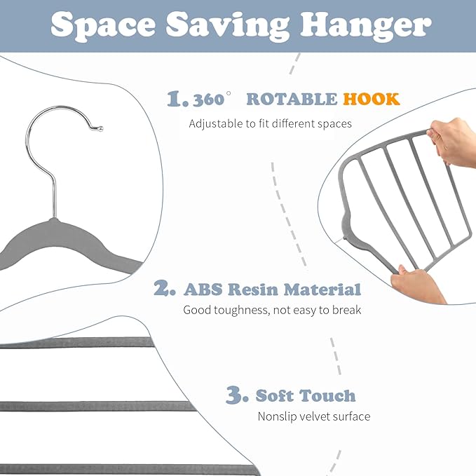 Tinfol Gray Velvet Pants Hangers Space Saving, 4pc Non-Silp Pant Hanger, Jeans Slack Trousers Hangers, Multi Layer Clothes Hanger Closet Organizer Perfect for Pants,Trouser,Jeans